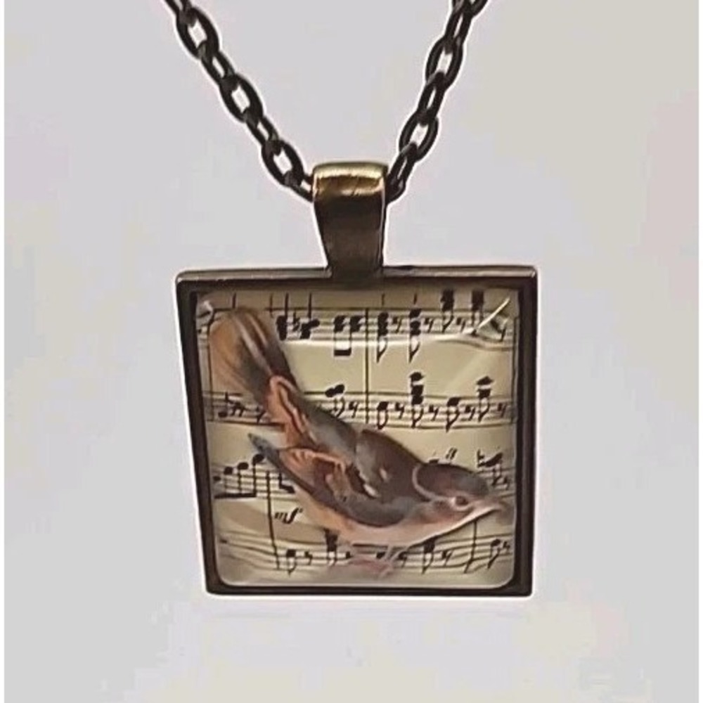 Wren Blue Song Bird Chickadee Sheet Music Square Domed 24" Bronze Tone Necklace